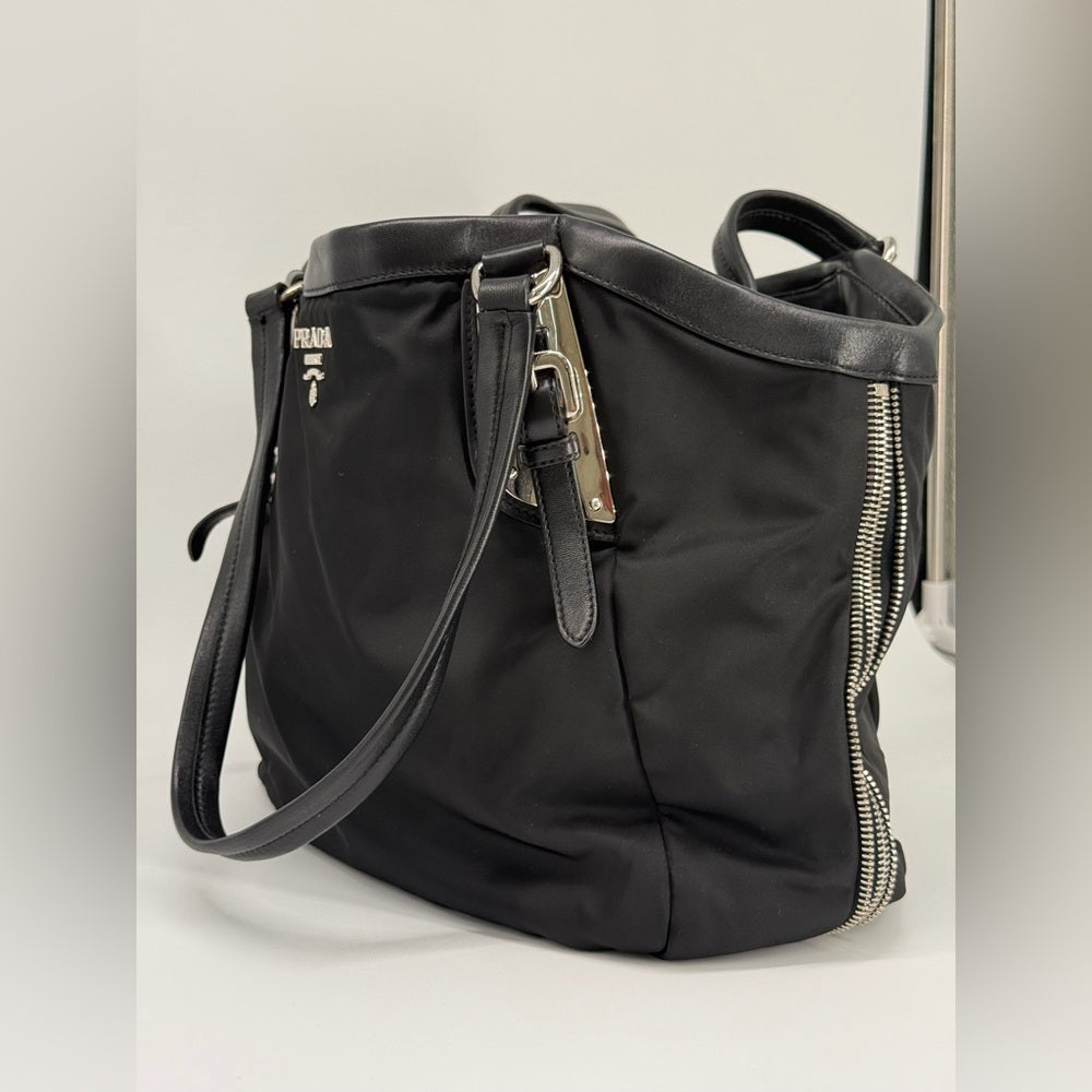 Prada Expandable Zippered Nylon Shoulder Bag Black