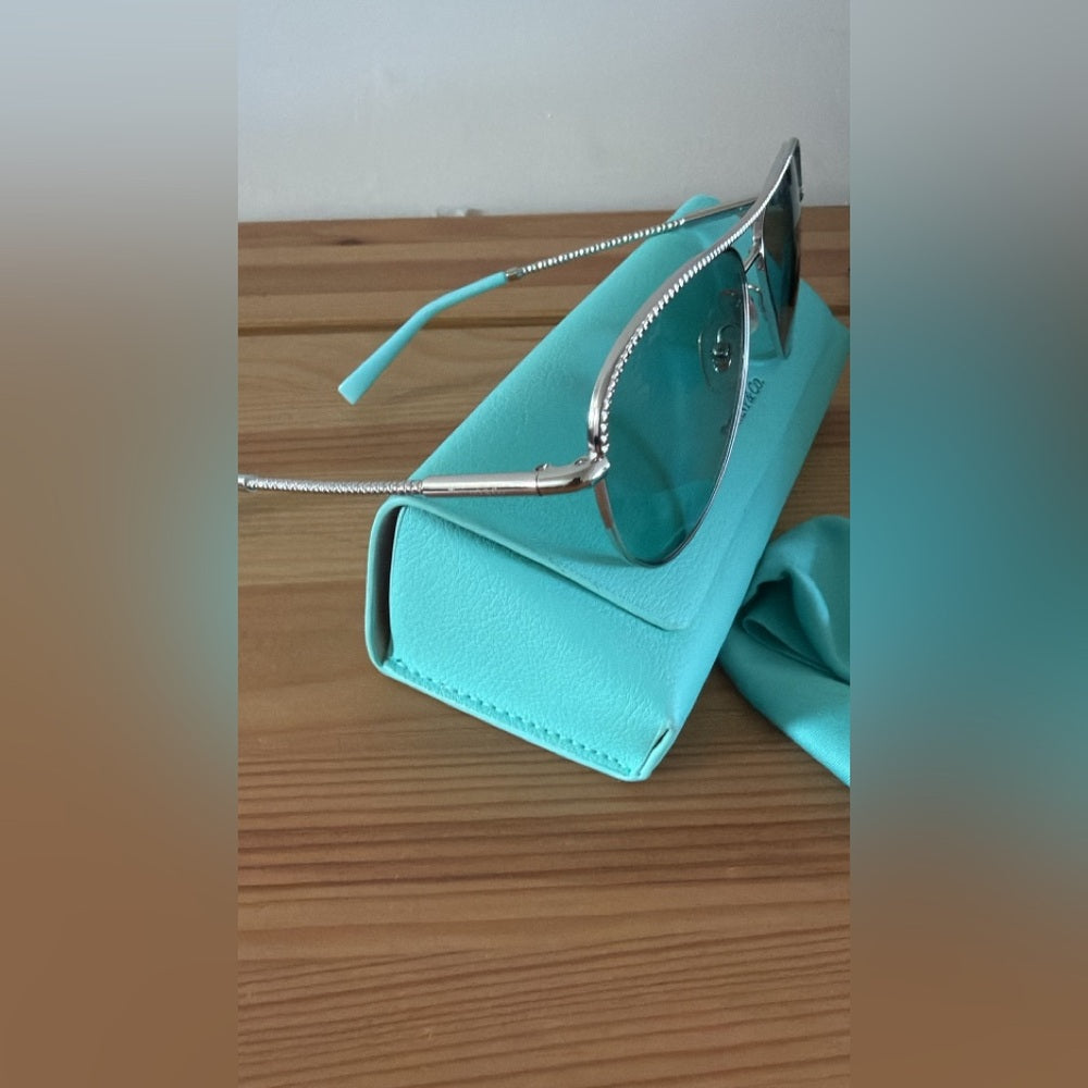 Tiffany & Co Sunglasses Silver With Blue Gradient Lenses Aviator Style