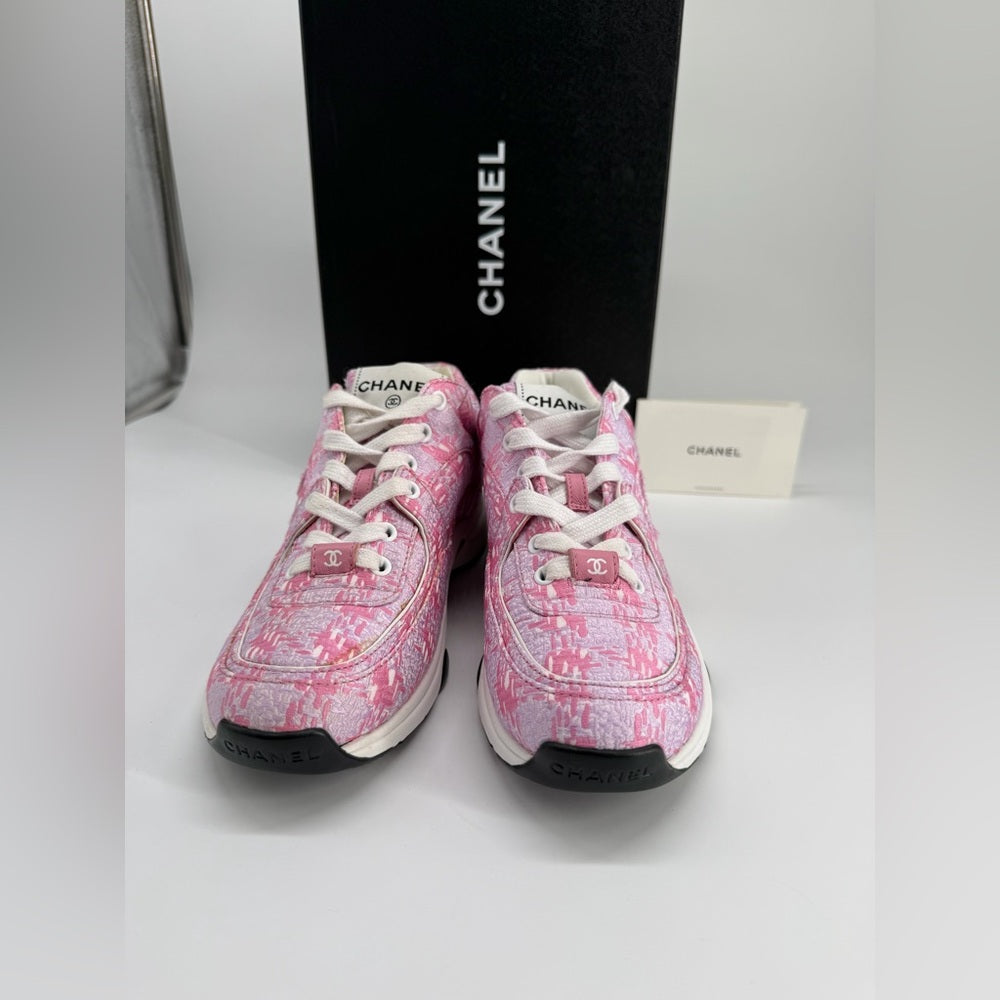 Chanel Pink Tweed CC Sneakers Size 35 1/2