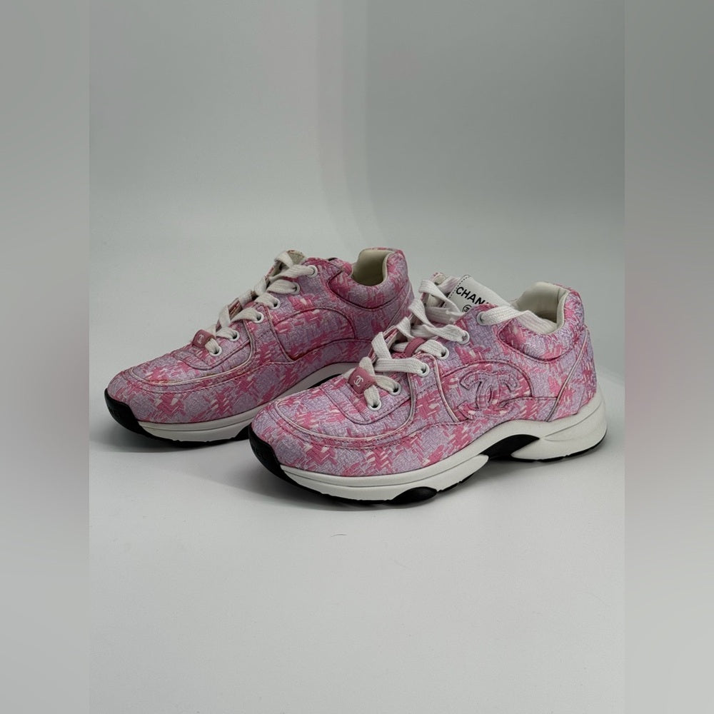 Chanel Pink Tweed CC Sneakers Size 35 1/2