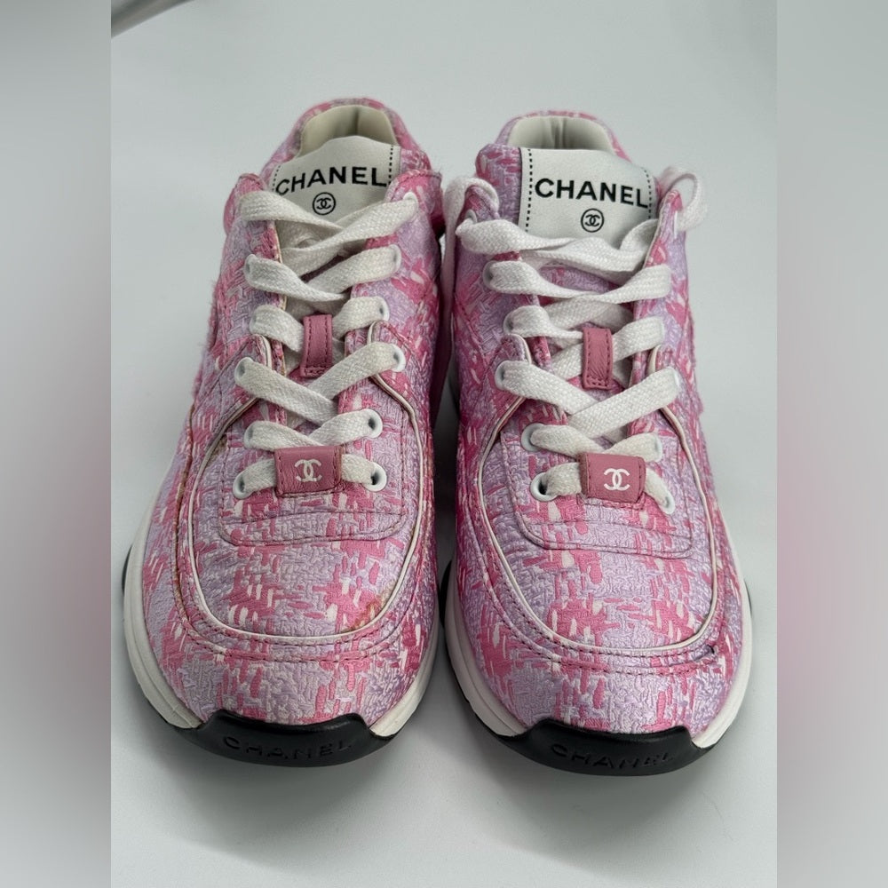 Chanel Pink Tweed CC Sneakers Size 35 1/2