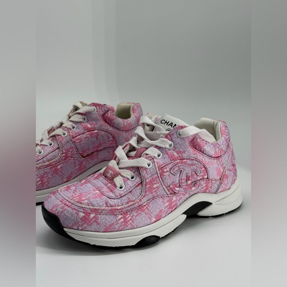 Chanel Pink Tweed CC Sneakers Size 35 1/2