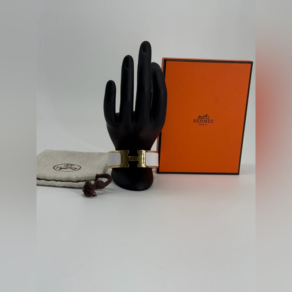HERMES Yellow Gold Plated White Enamel Clic Clac H Wide Bracelet