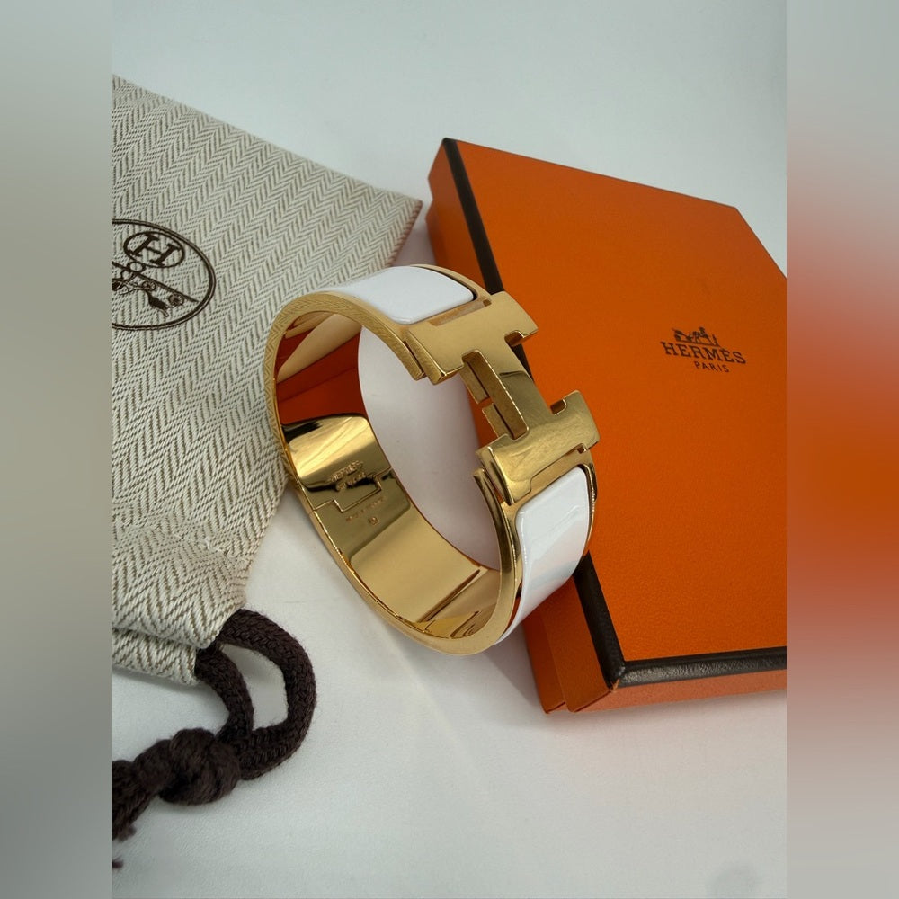 HERMES Yellow Gold Plated White Enamel Clic Clac H Wide Bracelet