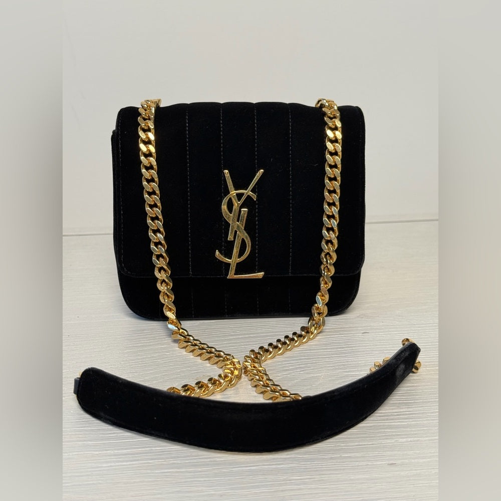 Sain Laurent Small Vicky Black Velvet Evening Bag