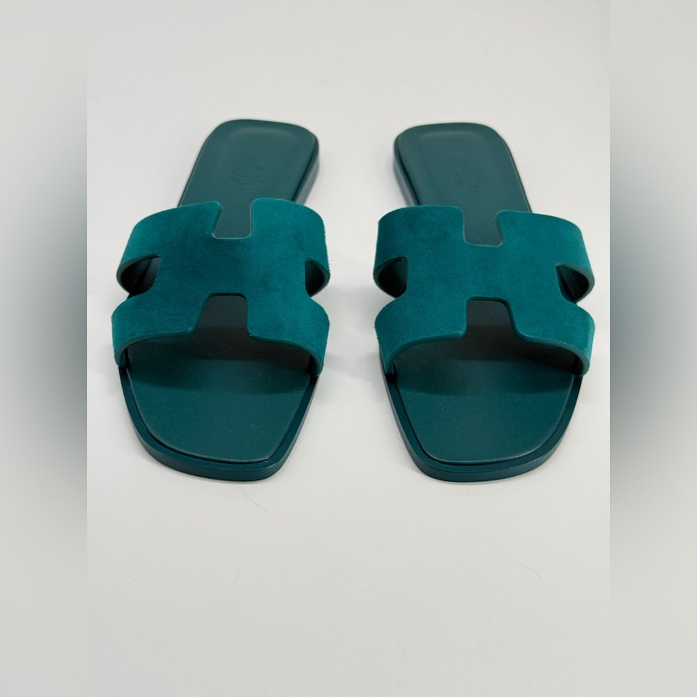 Hermes Oran Sandals Vert Oxford Suege Goatskin 38 EU
