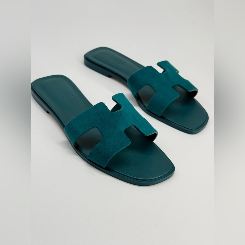 Hermes Oran Sandals Vert Oxford Suege Goatskin 38 EU