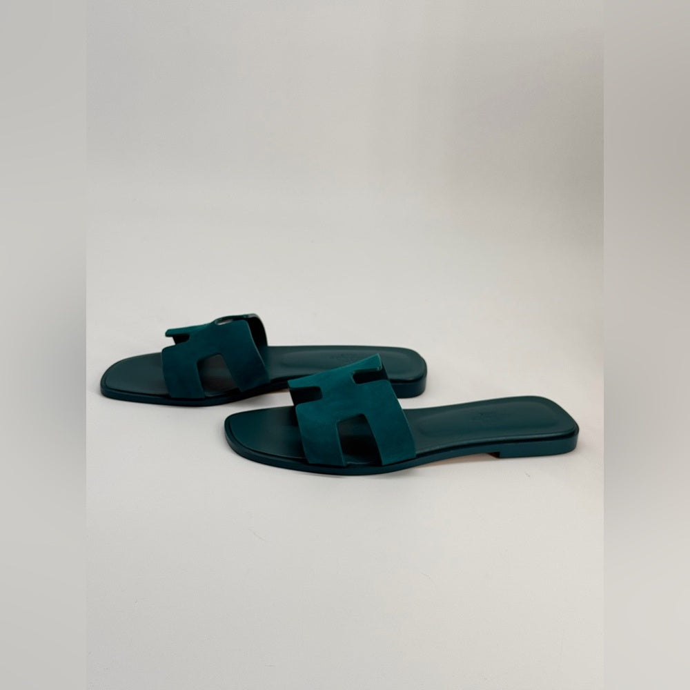 Hermes Oran Sandals Vert Oxford Suege Goatskin 38 EU