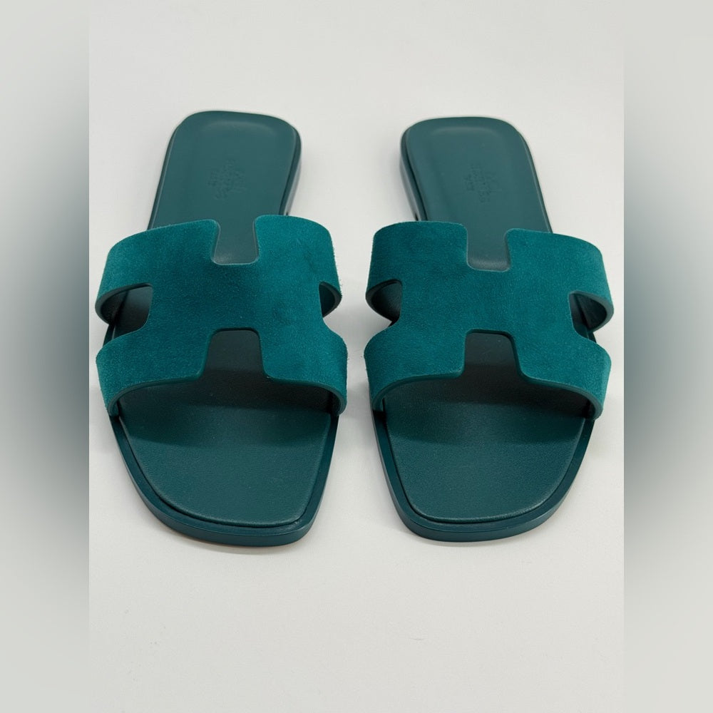 Hermes Oran Sandals Vert Oxford Suege Goatskin 38 EU
