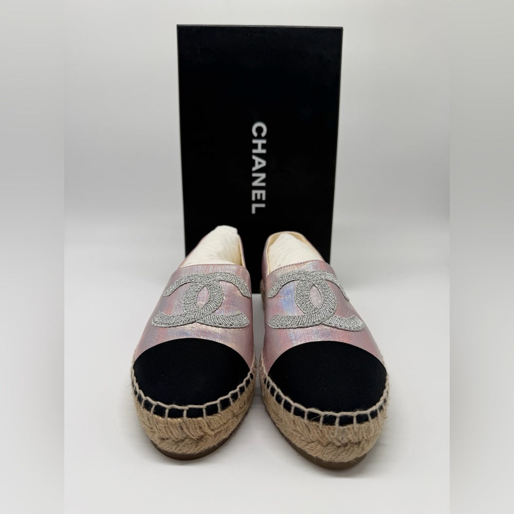 Chanel Pink & Silver Leather Espandrilles Woman Shoes Size 39