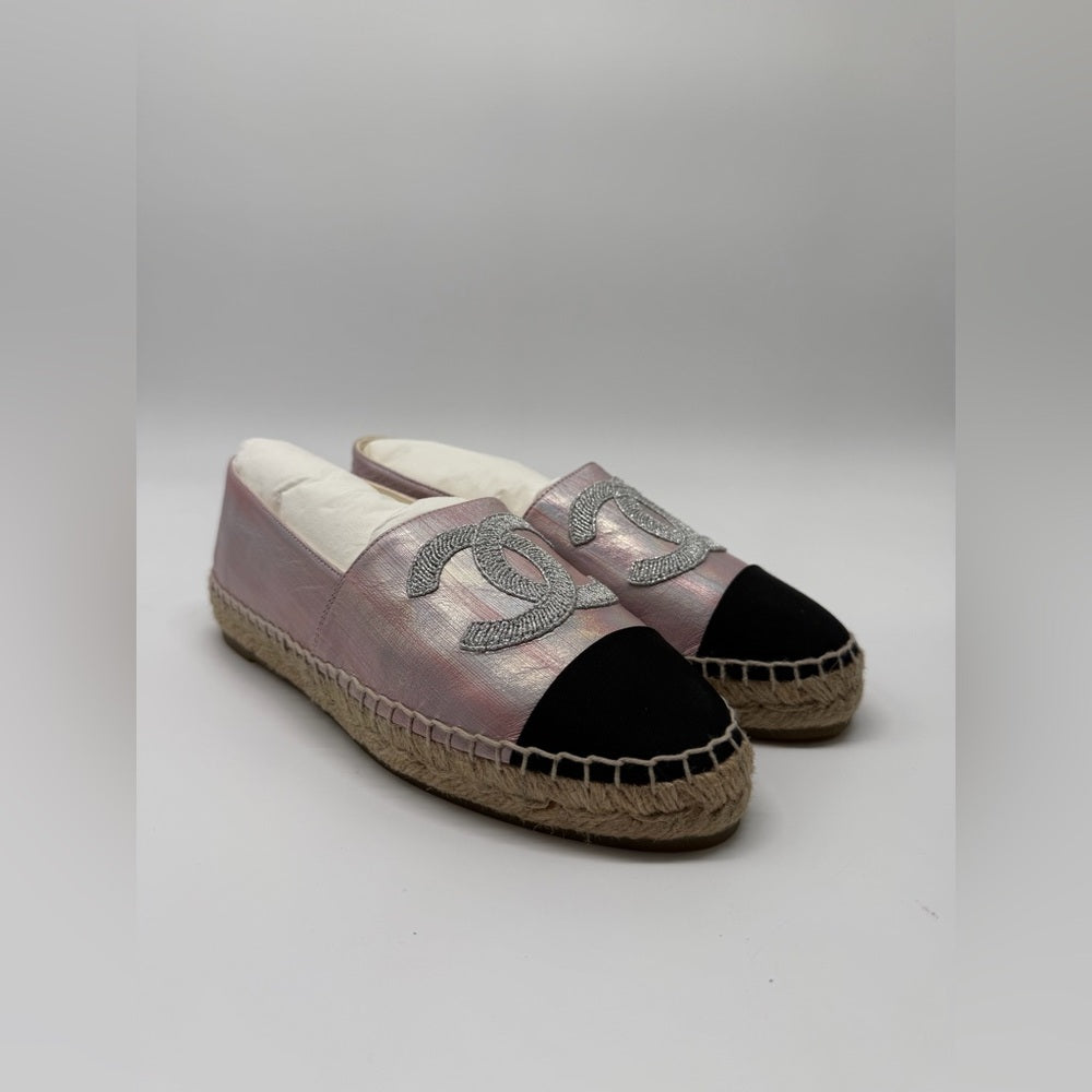 Chanel Pink & Silver Leather Espandrilles Woman Shoes Size 39
