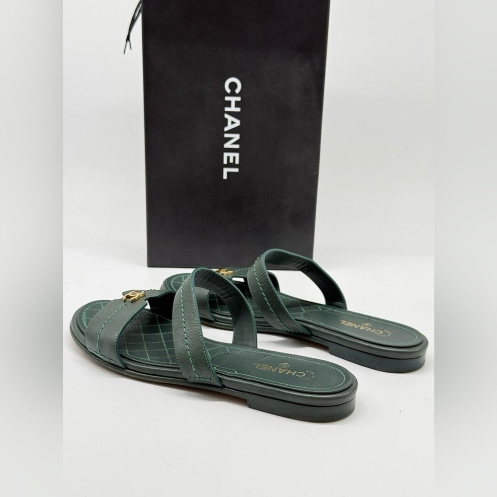 Chanel Sandals Women Galfskin Green Leather Slides Size 38