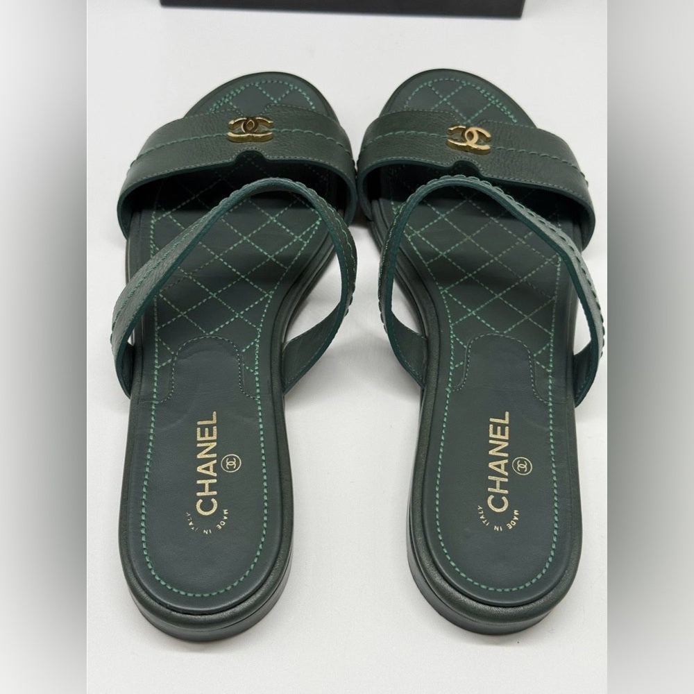 Chanel Sandals Women Galfskin Green Leather Slides Size 38