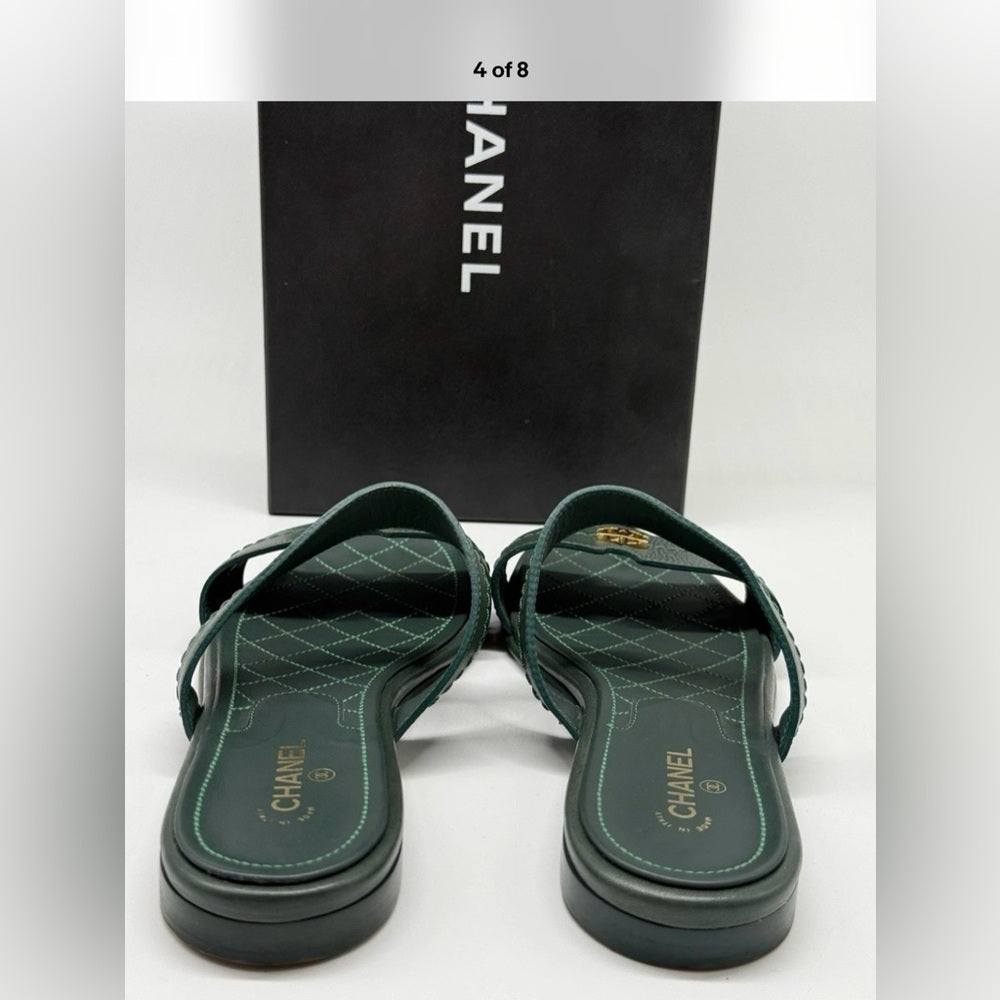 Chanel Sandals Women Galfskin Green Leather Slides Size 38