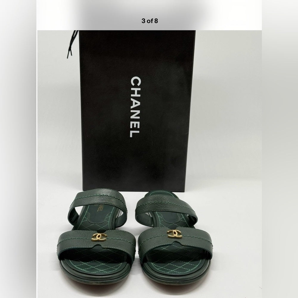 Chanel Sandals Women Galfskin Green Leather Slides Size 38
