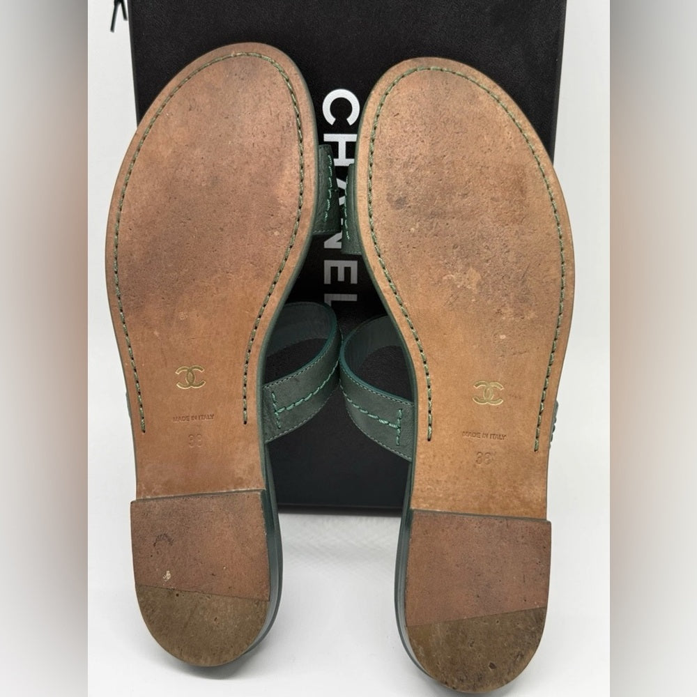 Chanel Sandals Women Galfskin Green Leather Slides Size 38