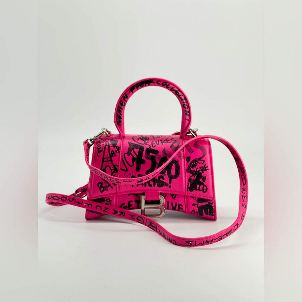 Balenciaga Graffiti Hourglass Top Handle Pink Leather Bag