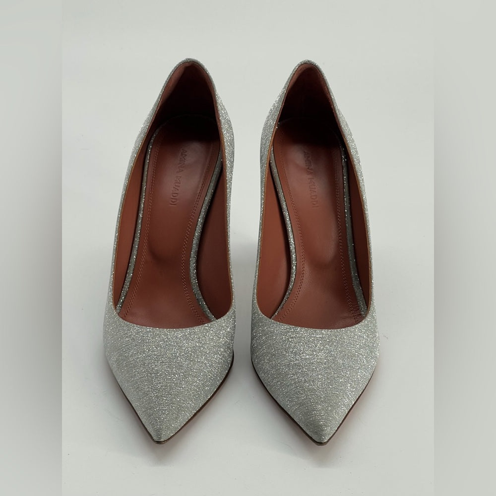 Amina Muaddi Silver Glitter Pointed Toe Heels Size 39