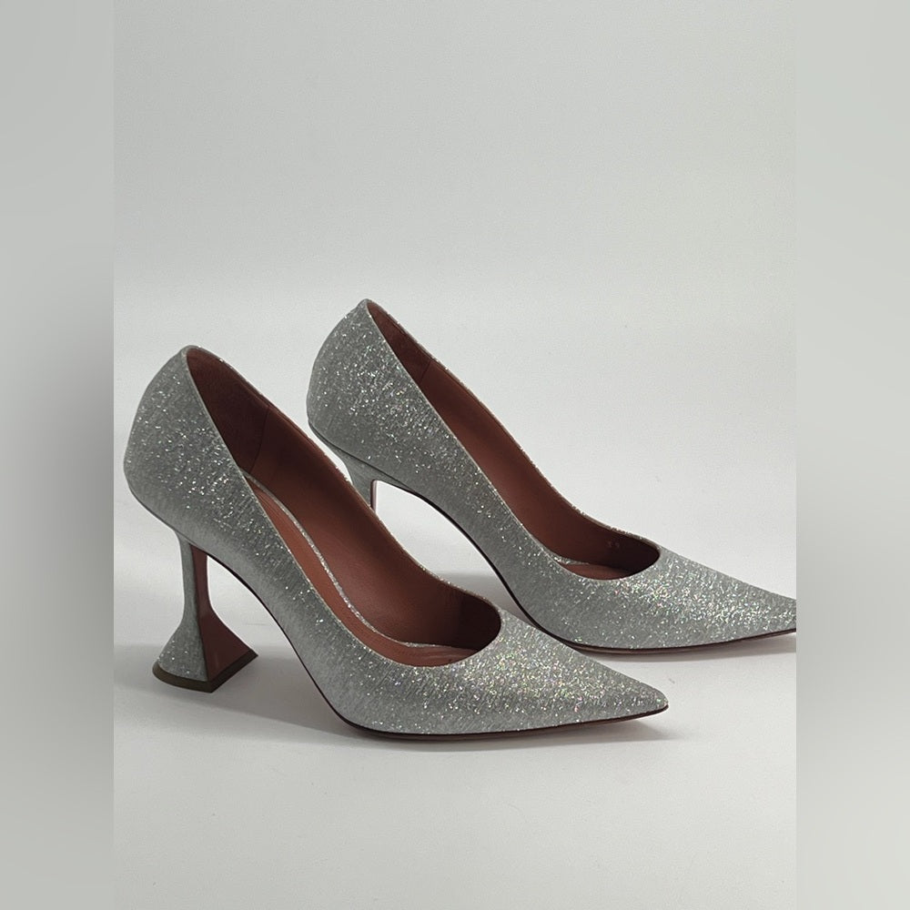 Amina Muaddi Silver Glitter Pointed Toe Heels Size 39