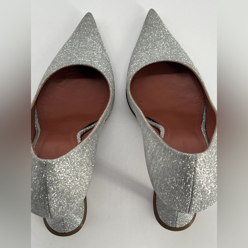 Amina Muaddi Silver Glitter Pointed Toe Heels Size 39