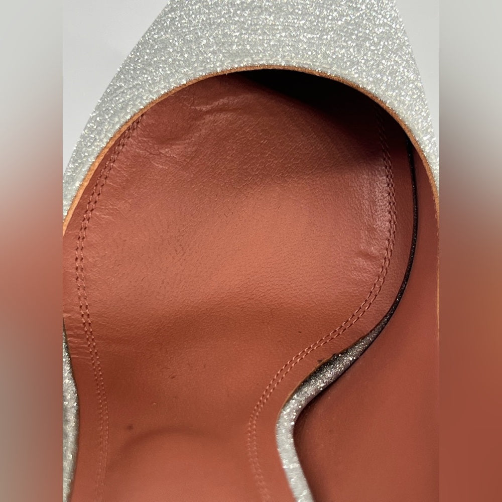 Amina Muaddi Silver Glitter Pointed Toe Heels Size 39
