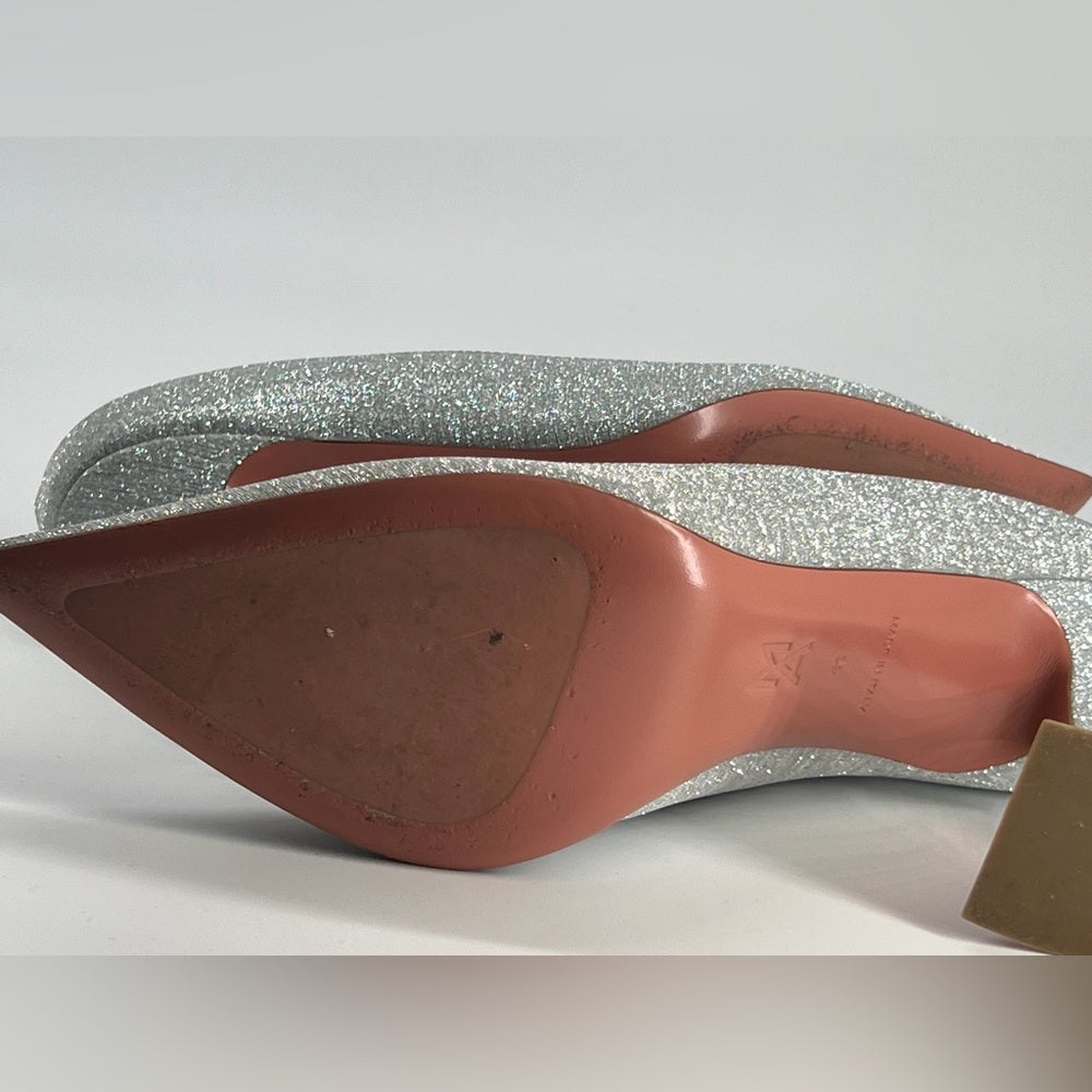 Amina Muaddi Silver Glitter Pointed Toe Heels Size 39