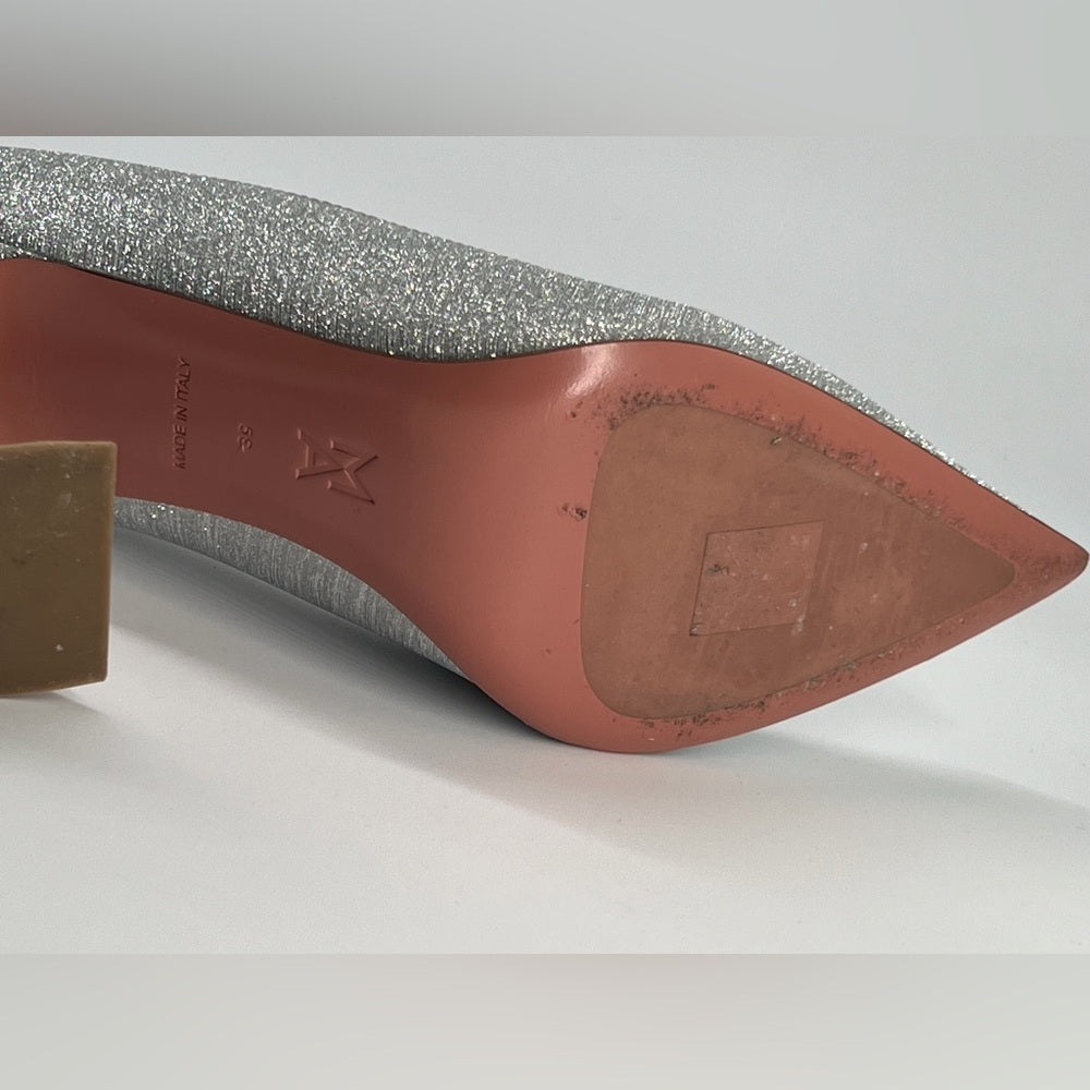 Amina Muaddi Silver Glitter Pointed Toe Heels Size 39