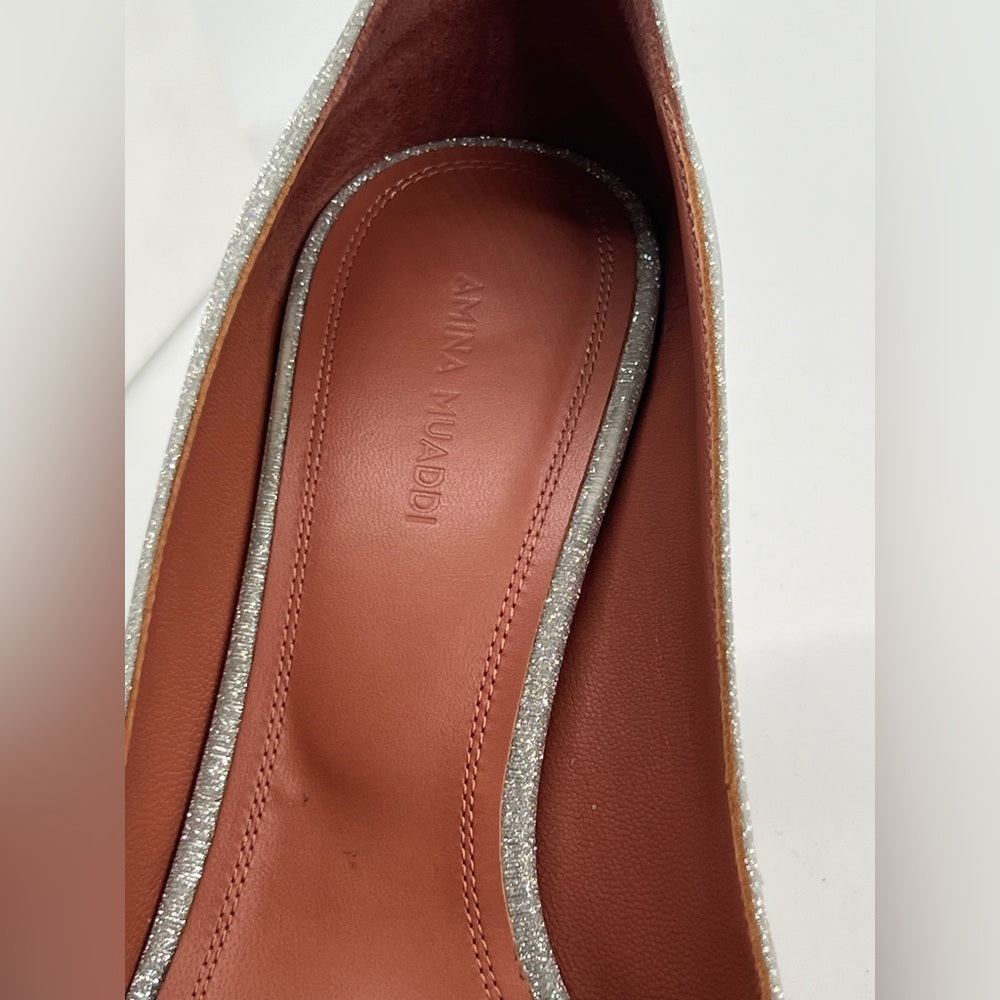 Amina Muaddi Silver Glitter Pointed Toe Heels Size 39