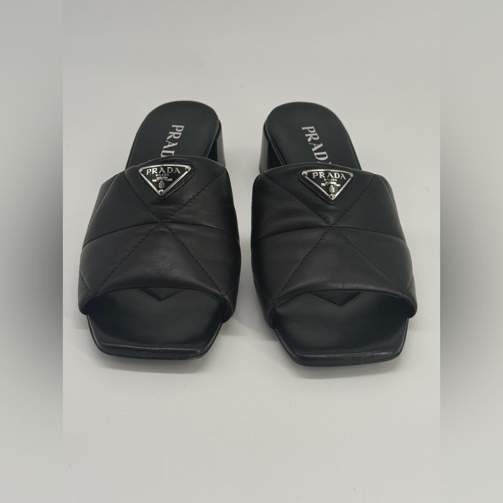 PRADA Diagram Slide Sandal Black Leather Size 39