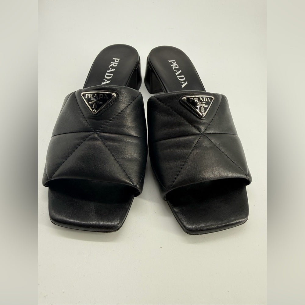 PRADA Diagram Slide Sandal Black Leather Size 39