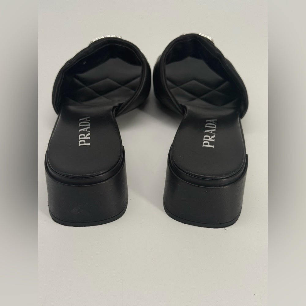 PRADA Diagram Slide Sandal Black Leather Size 39