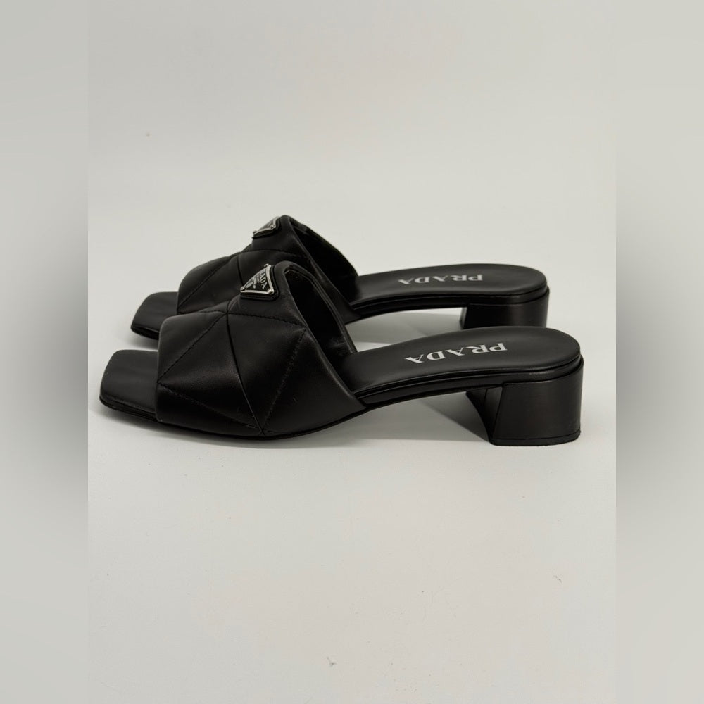 PRADA Diagram Slide Sandal Black Leather Size 39
