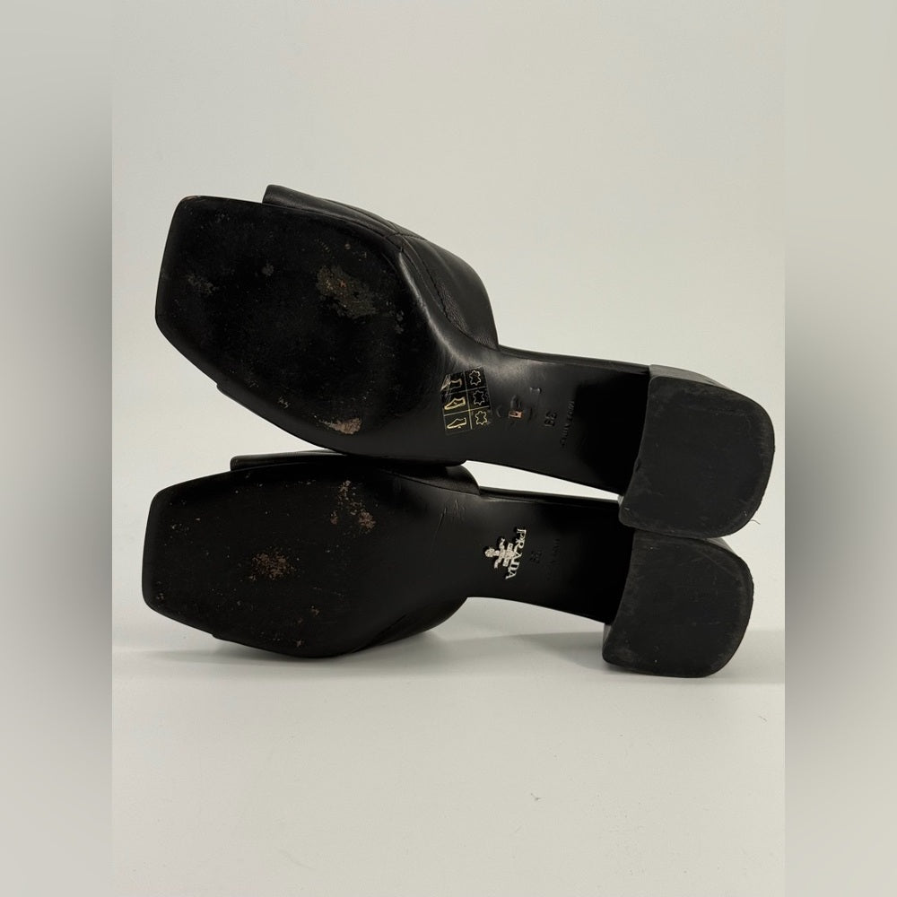 PRADA Diagram Slide Sandal Black Leather Size 39
