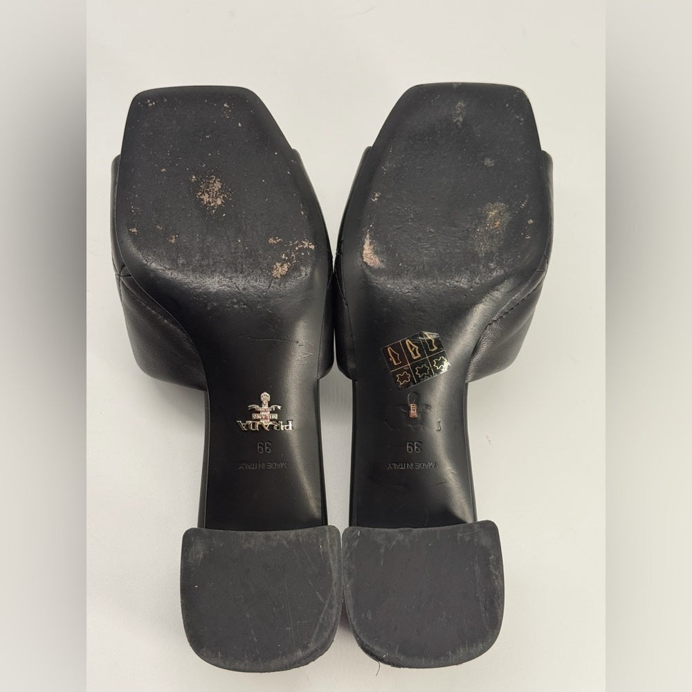 PRADA Diagram Slide Sandal Black Leather Size 39