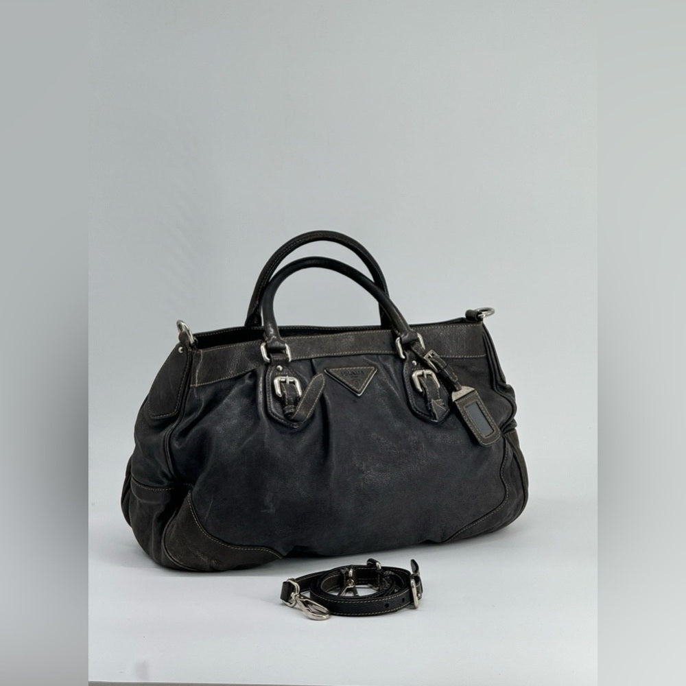 PRADA 2way Grey Leather Tote Shoulder Bag