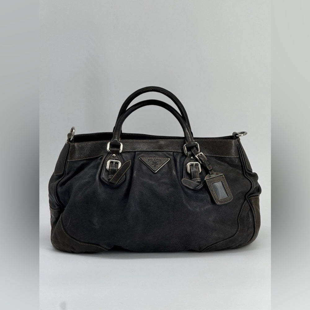 PRADA 2way Grey Leather Tote Shoulder Bag