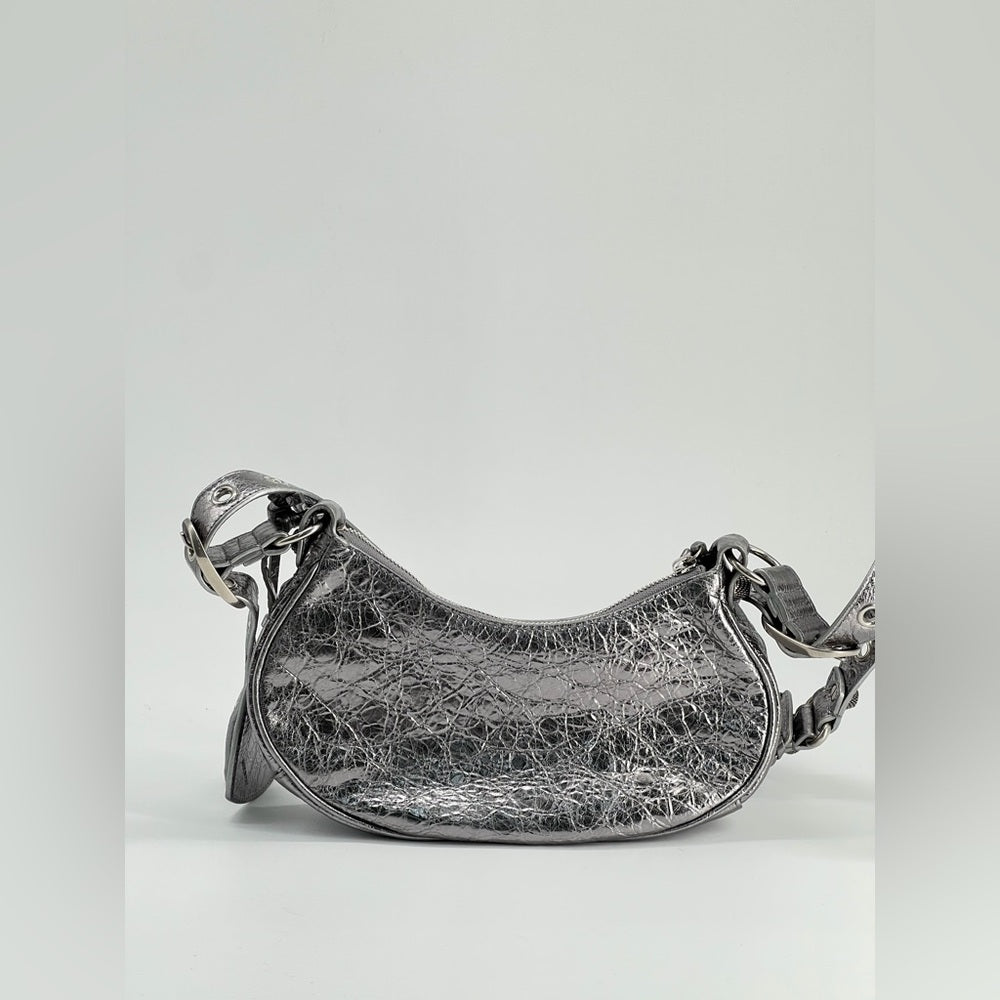 Balenciaga Metallic Agneau Arena Le Cagole In Silver Shoulder Bag