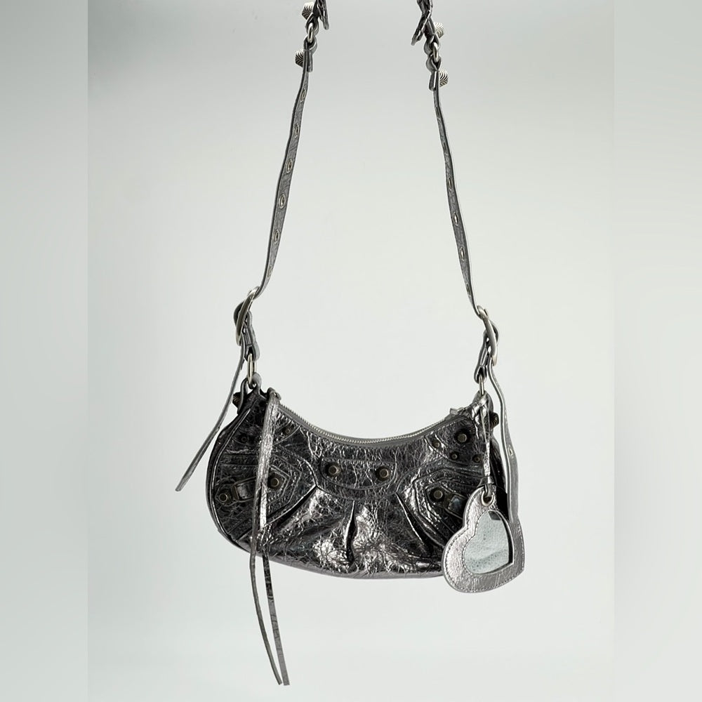 Balenciaga Metallic Agneau Arena Le Cagole In Silver Shoulder Bag