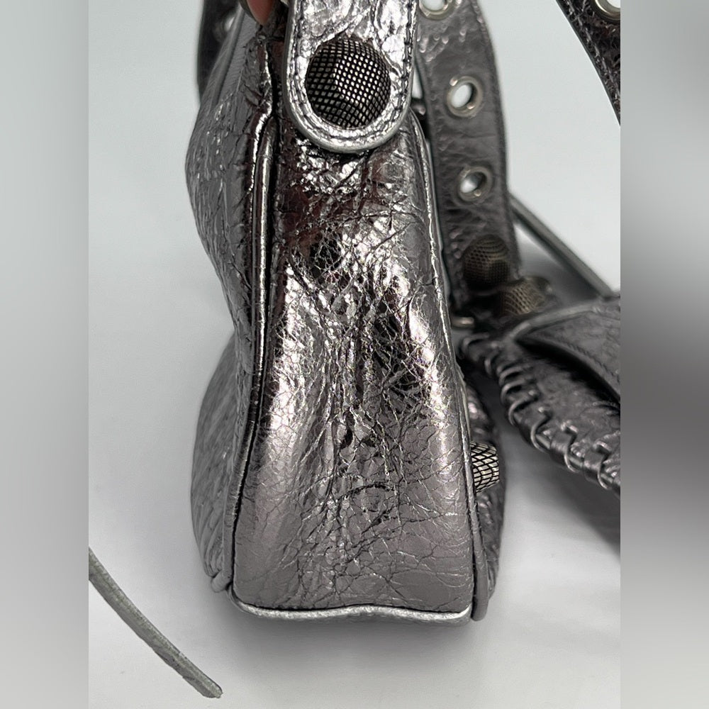 Balenciaga Metallic Agneau Arena Le Cagole In Silver Shoulder Bag