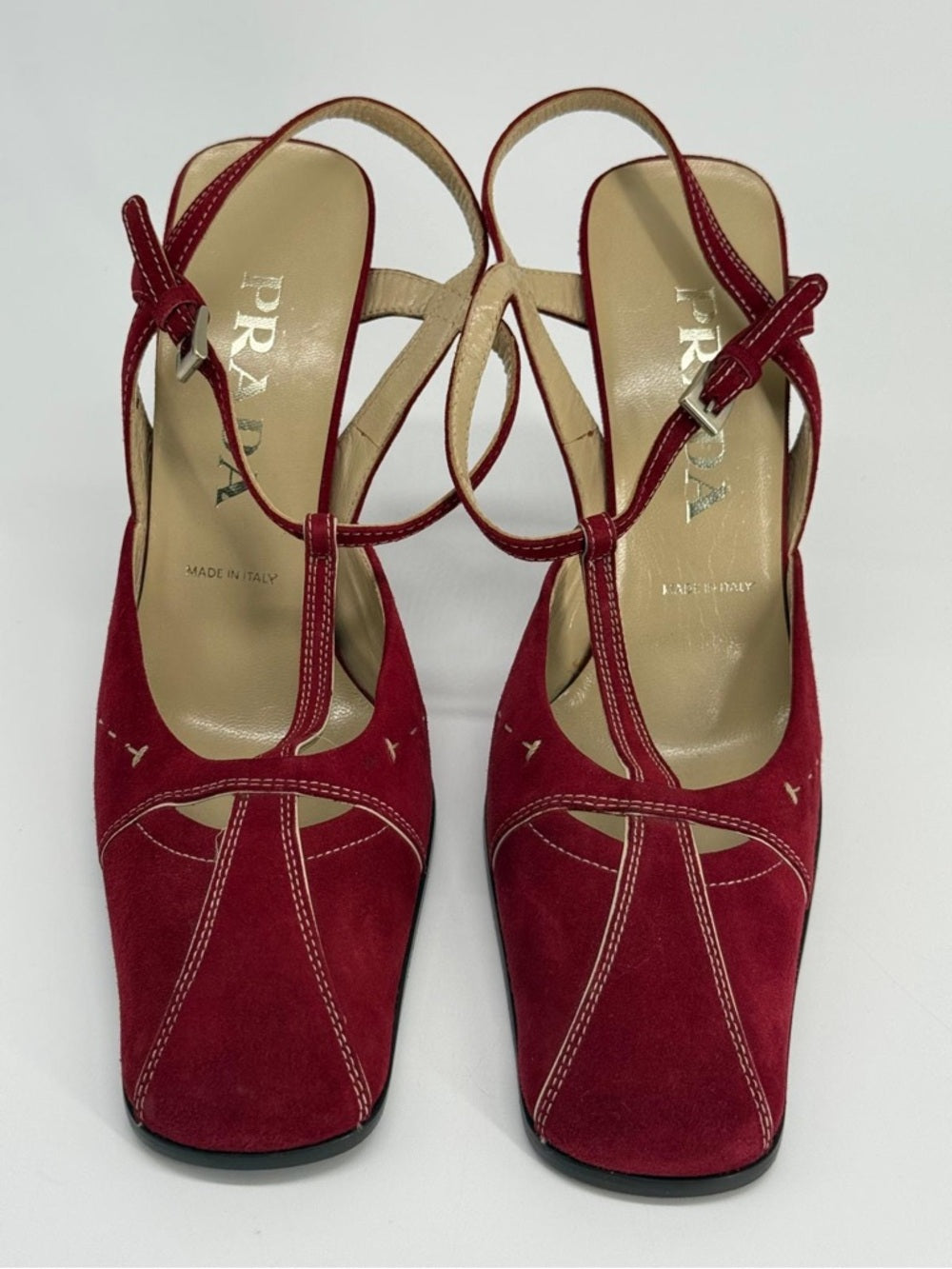 Prada Red Suede T-Strap Slingback Heels Size 37.5