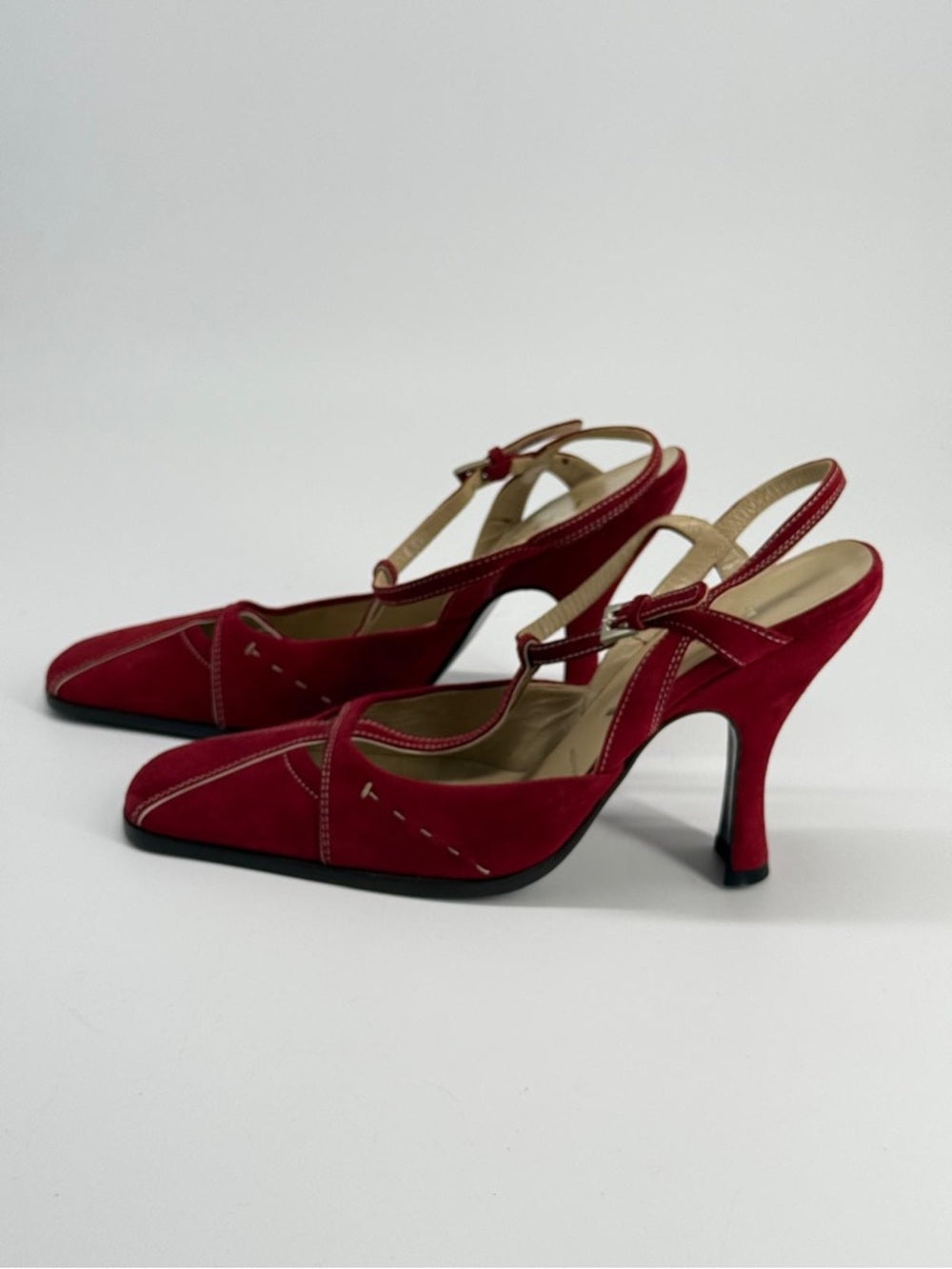 Prada Red Suede T-Strap Slingback Heels Size 37.5