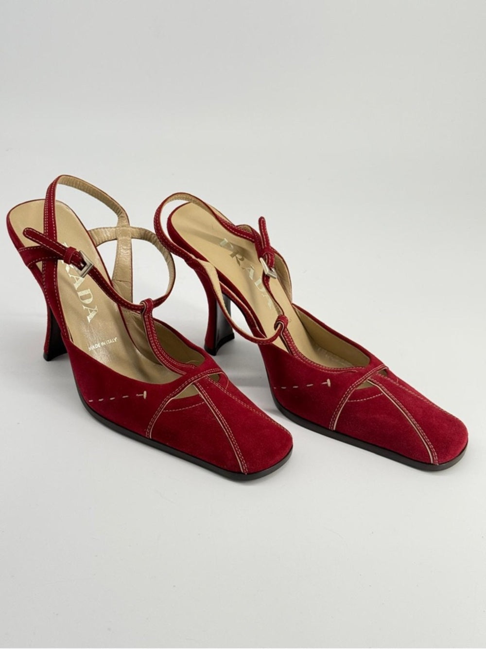 Prada Red Suede T-Strap Slingback Heels Size 37.5