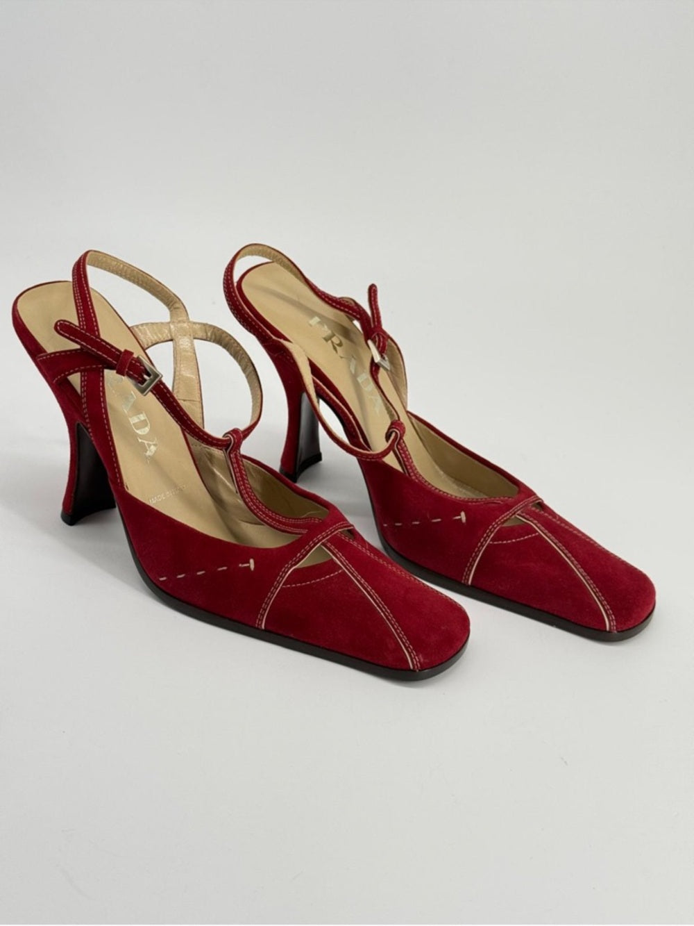Prada Red Suede T-Strap Slingback Heels Size 37.5