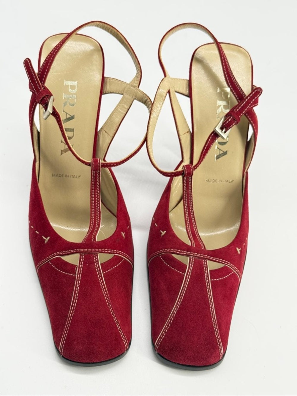 Prada Red Suede T-Strap Slingback Heels Size 37.5