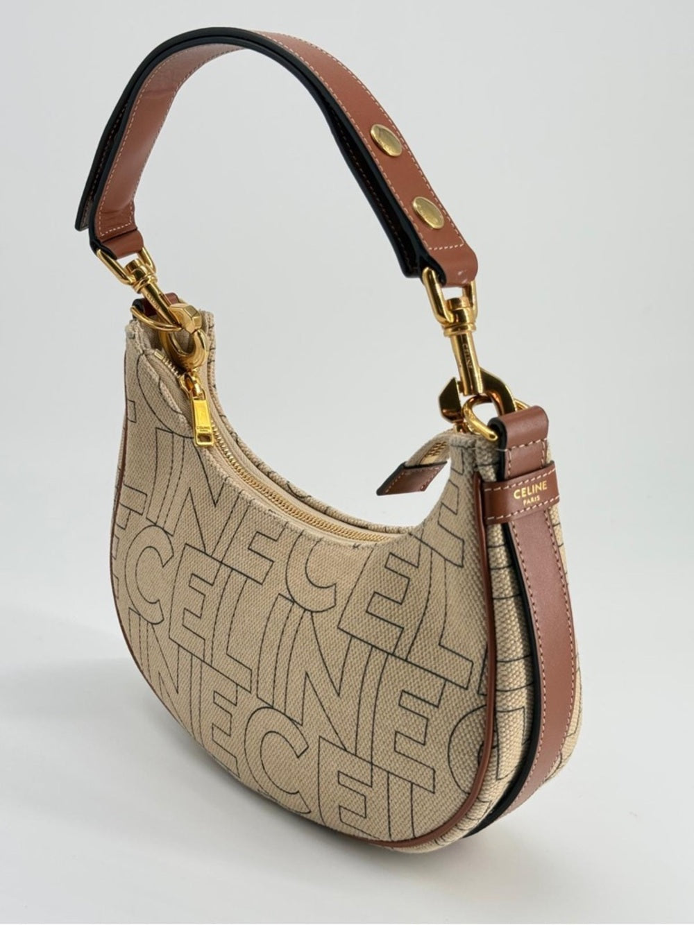 CELINE AVA Medium Shoulder Bag Canvas Leather Natural Tan