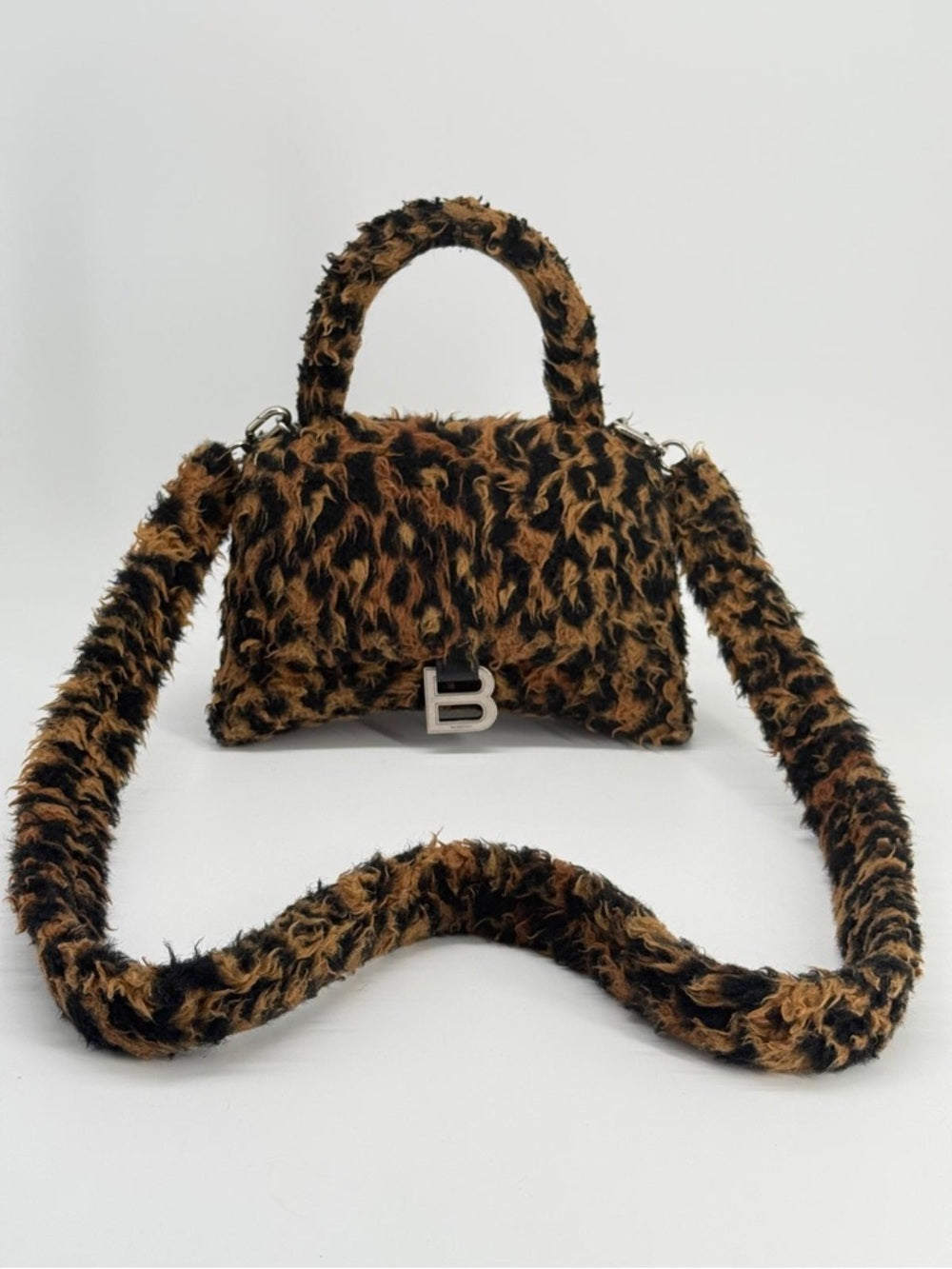 Balenciaga Hourglass Faux Fur Leopard-Print Top Handle Bag