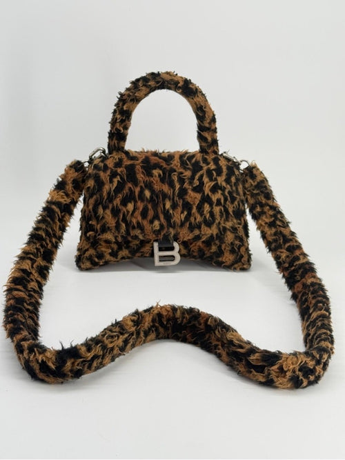 Balenciaga Hourglass Faux Fur Leopard-Print Top Handle Bag