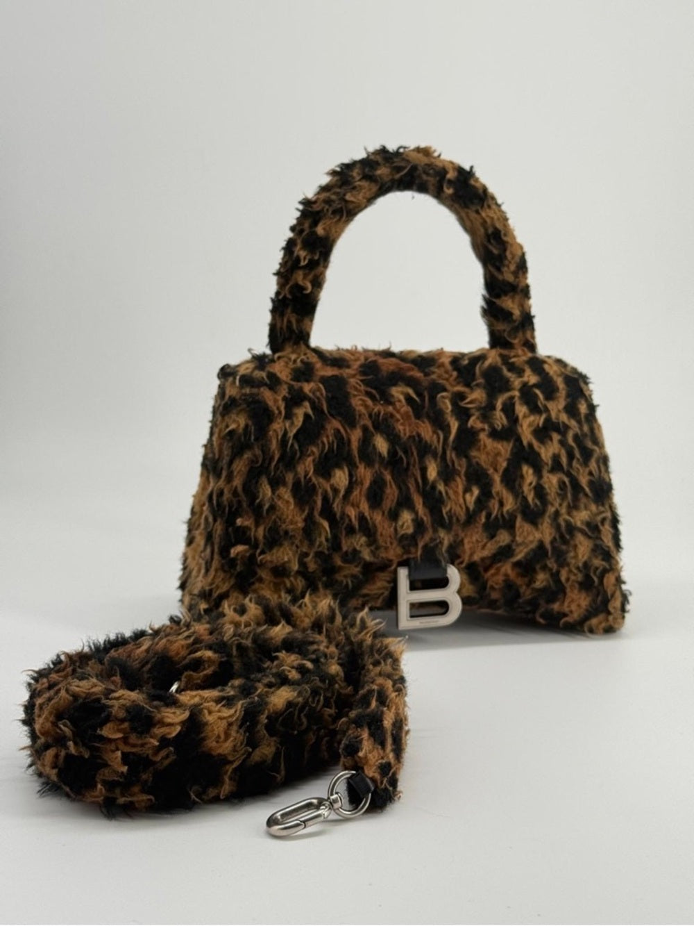 Balenciaga Hourglass Faux Fur Leopard-Print Top Handle Bag