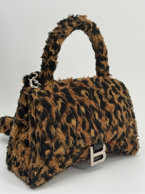 Balenciaga Hourglass Faux Fur Leopard-Print Top Handle Bag