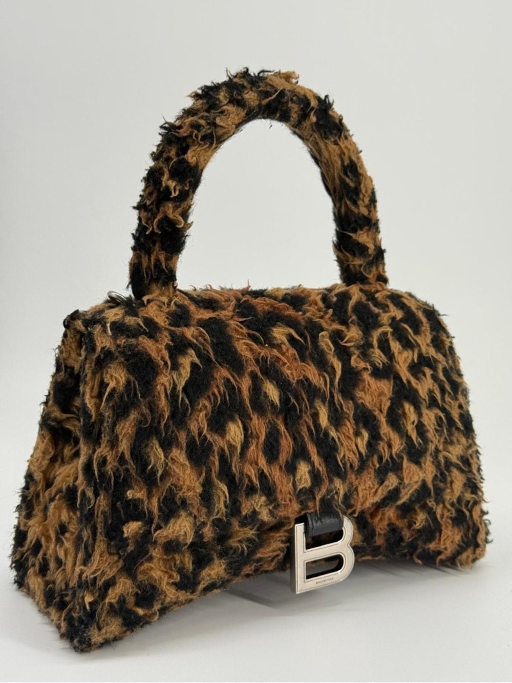 Balenciaga Hourglass Faux Fur Leopard-Print Top Handle Bag